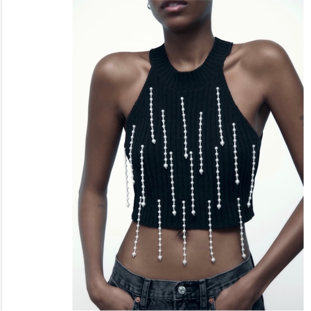 Zara Black Chenille Dangling Faux Pearl Appliqués Ribbed Chic Cropped Top NWT‎ M